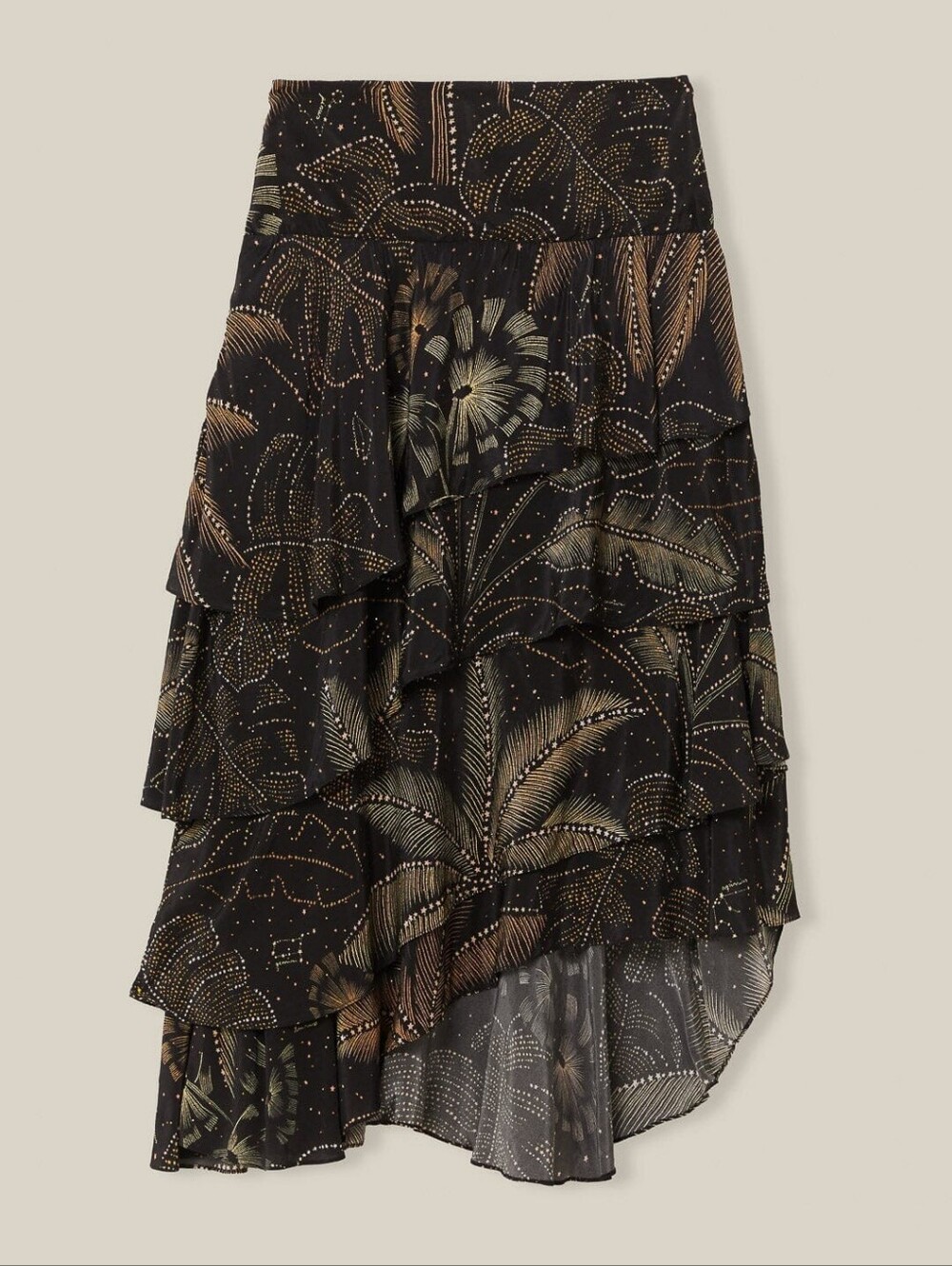 Farm Rio black golden foliage ruffled skirt Asymmetric Palm tree Leaf Leaves XS